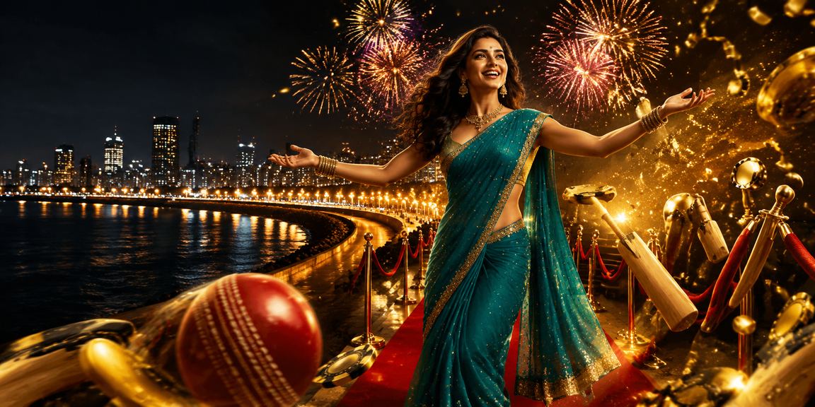 Indian woman enjoying cricket betting on mobile at Marine Drive